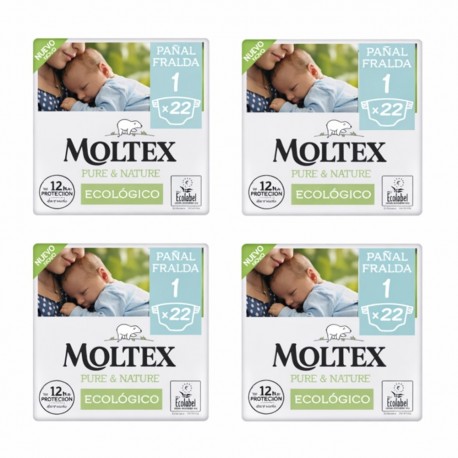 OFERTA 88 PAÑALES (4 BOLSAS) Moltex Pure & Nature Talla 1 (2-5kg)